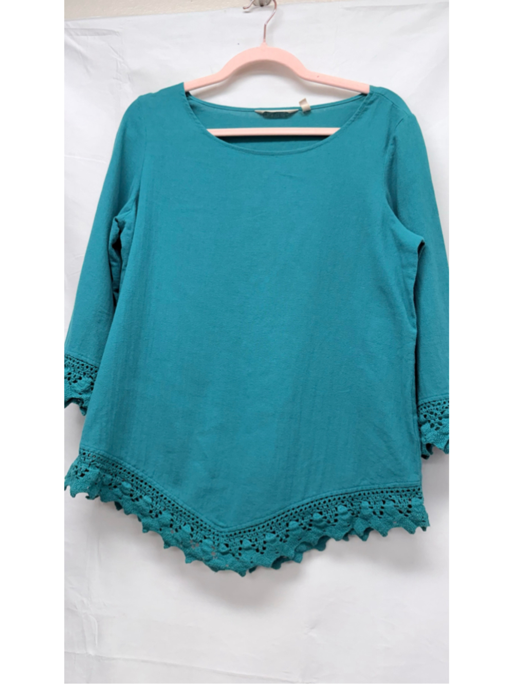 Women's Soft Surroundings Teal Blouse with Crochet Hem, Size S